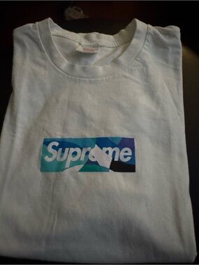 Supreme White Tee with Blue and Green Geometric Box Logo